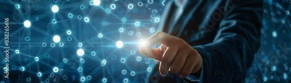 Fototapeta Corporate professional in a hightech lab touching a virtual button to connect solar panels across a network