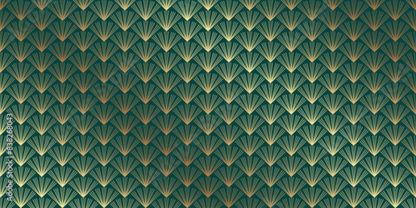 Fototapeta Modern geometric luxury green background with golden geometric mosaic in art deco style.