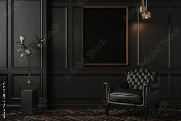 Obraz Picture frame mockup in dark tones with leather black armchair and decoration minimal