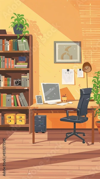 Fototapeta A cozy and organized desk illustration featuring a computer, books, a lamp, and various office supplies, creating a welcoming workspace.
