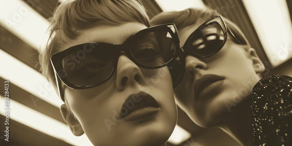 Fototapeta Two fashionable models wearing luxurious sunglasses and posing to a paparazzi. Old european films visual style. Monochrome indoor shot