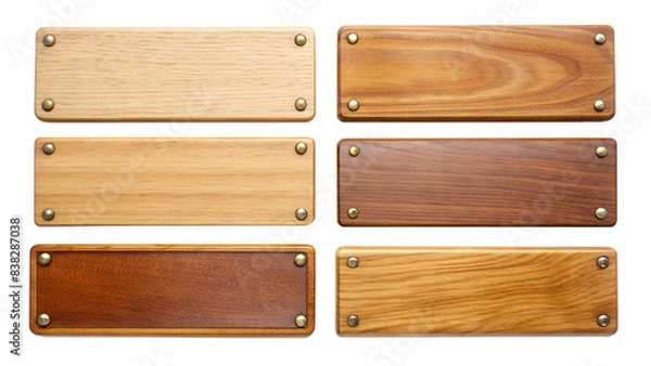 Fototapeta six rectangular wooden nameplates. Each slab has a different wood grain pattern and color