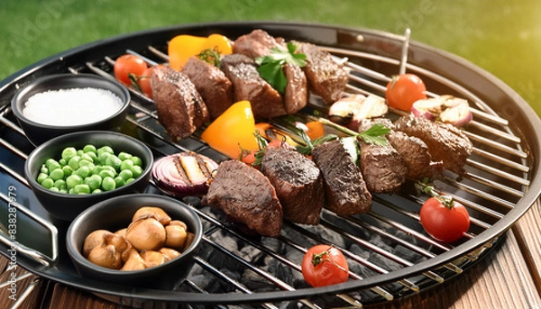 Fototapeta Close up view on a Barbeque grill with delicious grilled meat and vegetables
