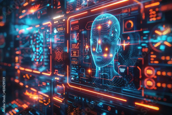 Fototapeta Futuristic AI. A digital illustration of a female face rendered in glowing blue light, surrounded by a complex array of orange and blue circuit boards and readouts.