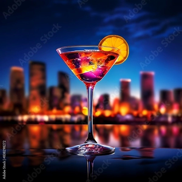 Fototapeta Vibrant summer scene with colorful wine drink and cityscape