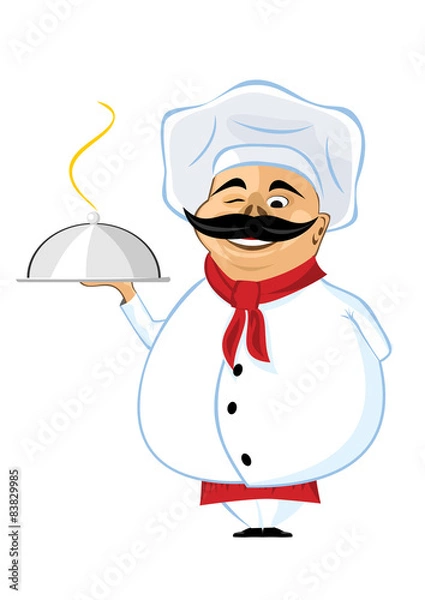 Fototapeta chef with mustache holding silver serving dome