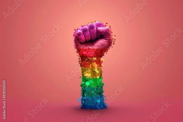 Fototapeta Raised rainbow fist on a pink background symbolizing strength pride and solidarity in a vibrant and powerful illustration