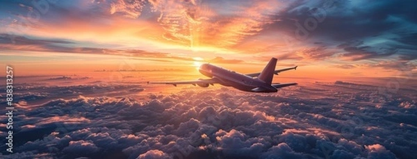 Fototapeta A plane is flying through a cloudy sky with a beautiful sunset in the background