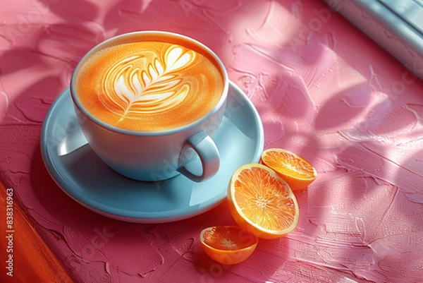 Obraz Three hot coffee drinks in white mugs: black coffee, coffee with lemon wedge, and coffee with orange slice