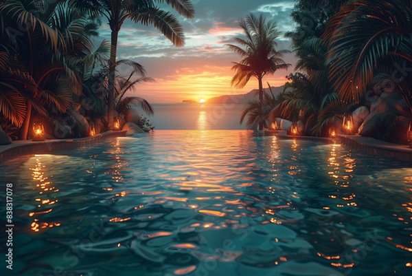 Obraz Tropical paradise awaits as the fiery sun dips below the horizon, casting a golden glow on the palm trees and the calm ocean water reflected in the pool