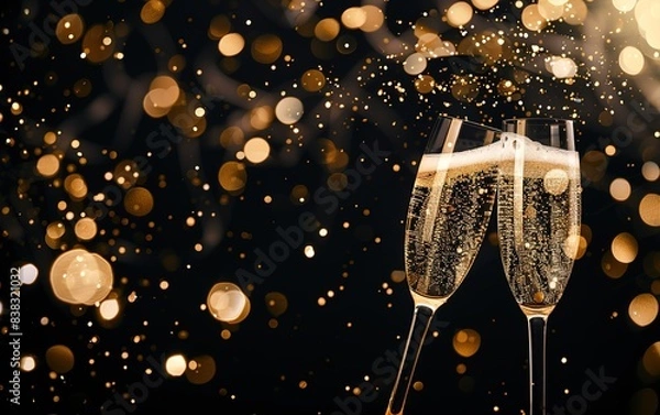 Fototapeta Elegant toast with champagne glasses clinking, sparkling confetti, and golden lights on a black background, offering ample whitespace for custom additions. Festive celebration and luxury concept.