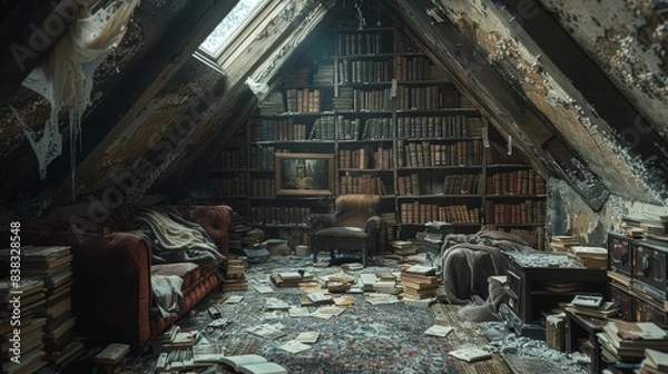 Obraz Dusty, disorganized attic with cobwebs and old, forgotten items.