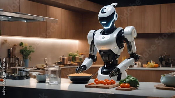 Fototapeta A futuristic robot chef in a modern kitchen, preparing a gourmet meal. The robot is using various kitchen tools and appliances, showcasing the integration of robotics in culinary arts