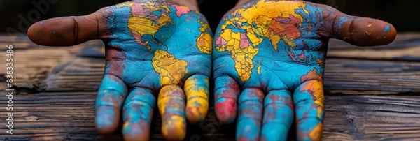 Obraz two hands holding a world map painted in colors, the hands are on a wooden table