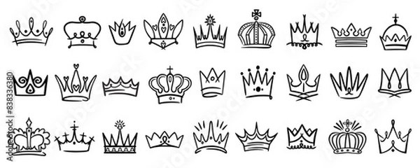 Fototapeta Doodle crowns. Hand drawn princess and prince line sketch isolated decorative elements, queen or king outline tiara, royal retro elements with diamonds. Royal heraldry sign. Vector icons