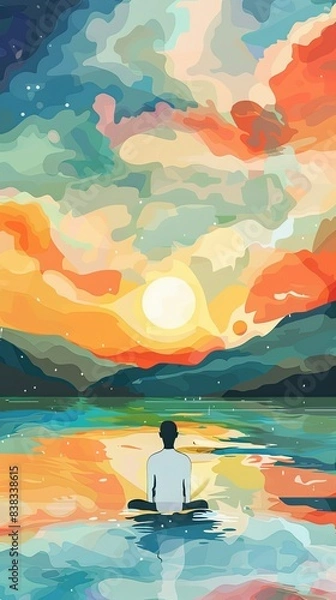 Fototapeta Breathing exercise with peaceful background, flat design top view theme mindfulness water color Triadic Color Scheme