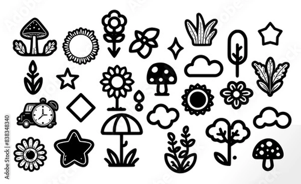 Fototapeta vector kid cartoon elements (solid fill) on white background. hand drawn cartoon or doodle sketch childish element set. vector cartoon elements set