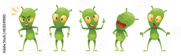 Fototapeta Funny Green Alien Character with Big Eyes and Small Antenna on Head Engaged in Different Action Vector Set