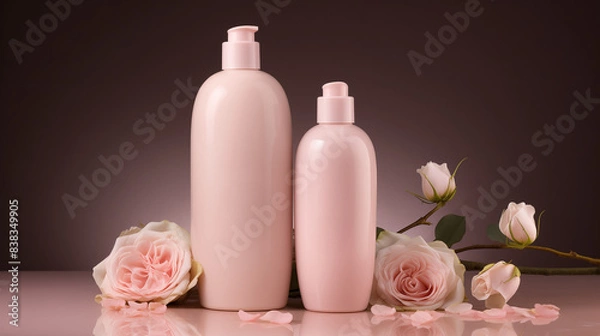 Fototapeta two pale pink shampoo bottles are placed next to the rock and pale pink roses and white camellias. 
