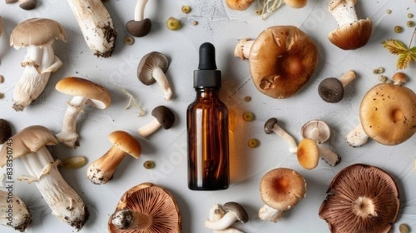 Obraz  Supplement tincture bottle surrounded by fungi mushrooms on grey background.