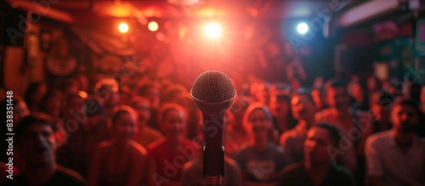 Fototapeta A speaker comedyan with audiences laughing in comedy club live performance