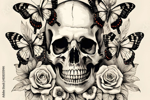Fototapeta A black and white illustration of a skull with a rose on its forehead and butterflies around it. The style is reminiscent of black work tattoos.
