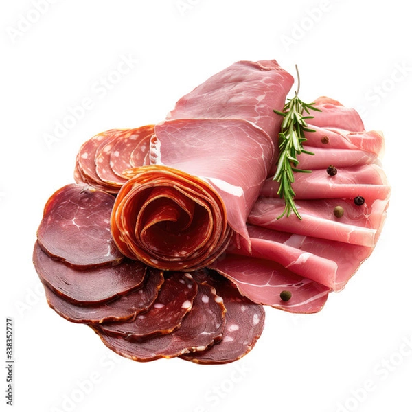 Fototapeta Delicous cured meat slices with rosemary and peppercorns isolated on transparent background