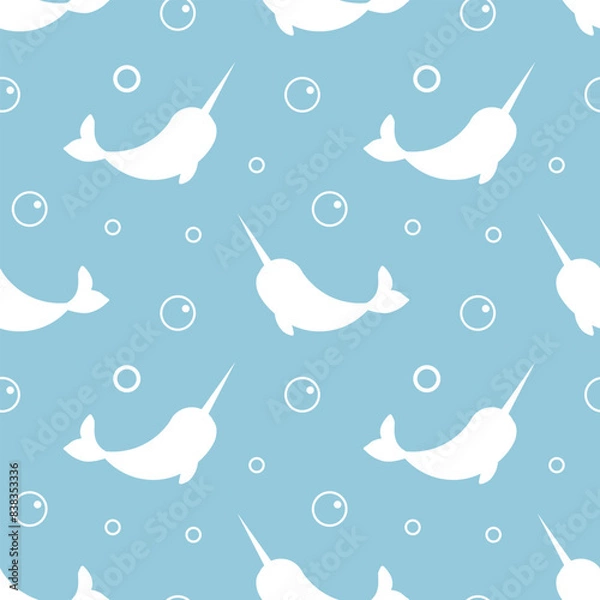 Fototapeta Child  Seamless pattern with white Narwhal and bubbles isolated on light blue background. For textile, fabric, greeting card, invitation.