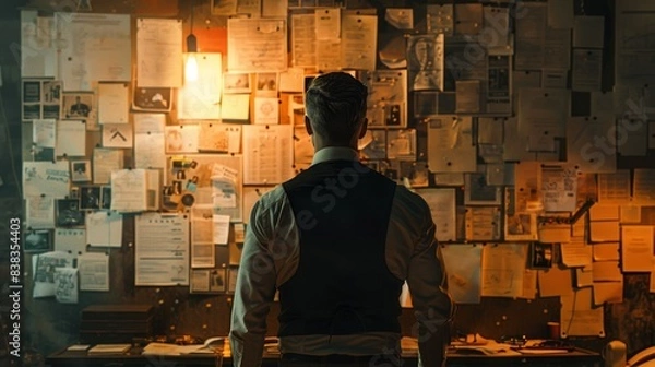 Fototapeta A detective standing in front of a whiteboard covered in notes and evidence showcasing their analytical skills.