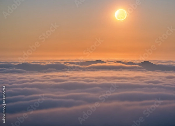 Obraz Blurred morning. The sun rises in the morning. Fog in winter, the air is fresh. Generative AI