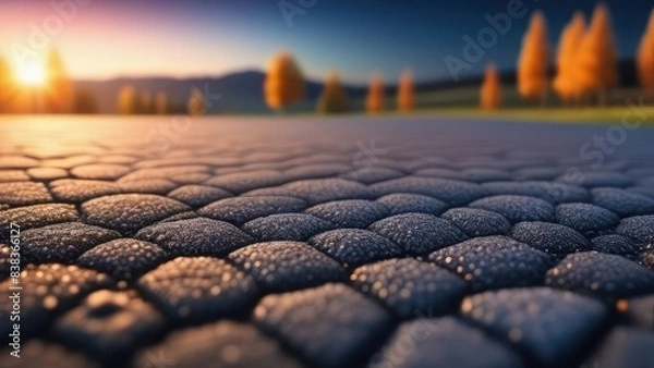 Fototapeta low-angle view of cobblestones at sunset, with warm light casting long shadows. The textured stones and soft lighting create a warm and nostalgic atmosphere, perfect for a wallpaper or backdrop