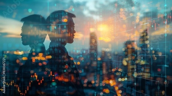 Fototapeta Double exposure of a financial advisor consulting a client, overlaid with images of investment portfolios and cityscapes, representing personalized financial planning and urban growth