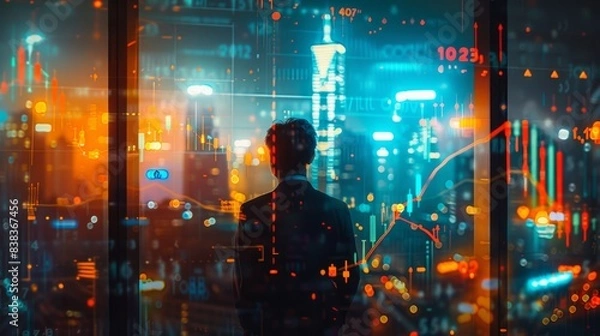 Fototapeta Double exposure of a corporate executive looking out a window, with an overlay of financial charts and a city skyline at night, highlighting ambition and financial planning