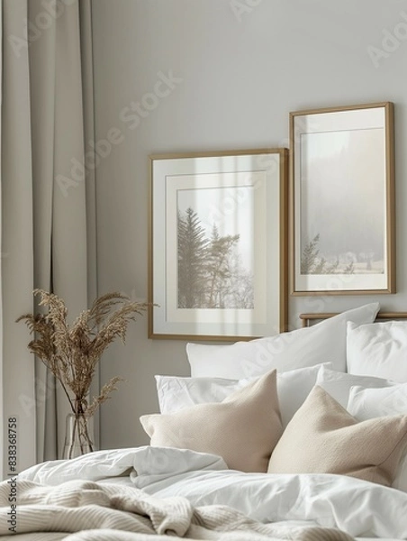 Obraz Frame mockup, modern home bedroom interior, wall poster frame