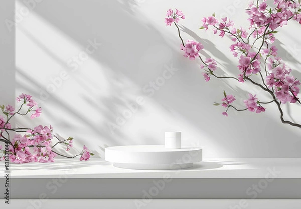 Fototapeta Background pink podium product platform 3D display stage stand luxury. pink background podium abstract studio leaf pedestal scene minimal plant design cosmetic light presentation wall modern tree.