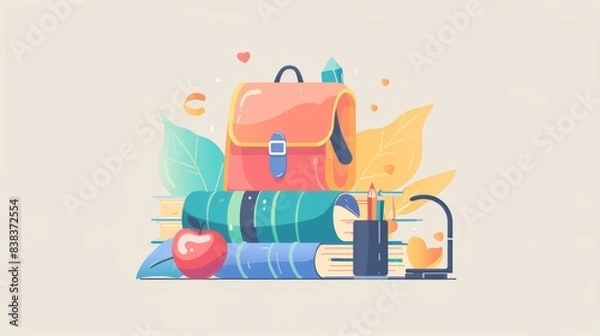 Obraz Flat vector illustration of books, pencil and apple with leaves on top, education system, back to school, school supplies, pencils, notepads