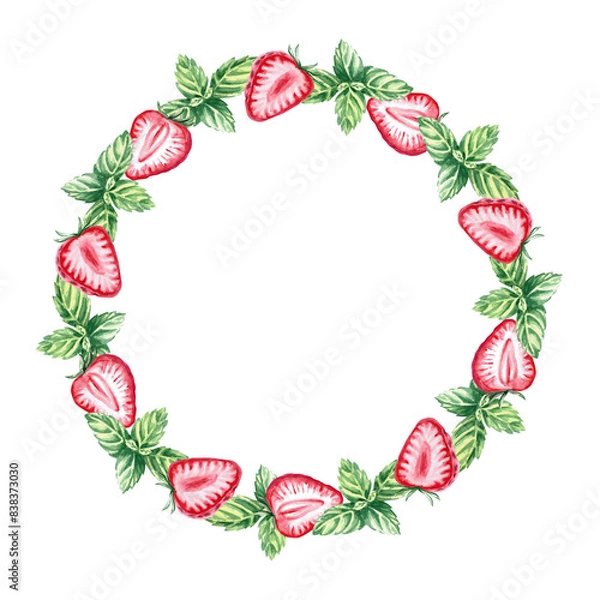 Fototapeta Strawberry and mint slices are arranged in a wreath in a watercolor illustration on a white background. Hand drawn strawberries for cookbooks, lemonade, restaurant menu design, bar, cards.