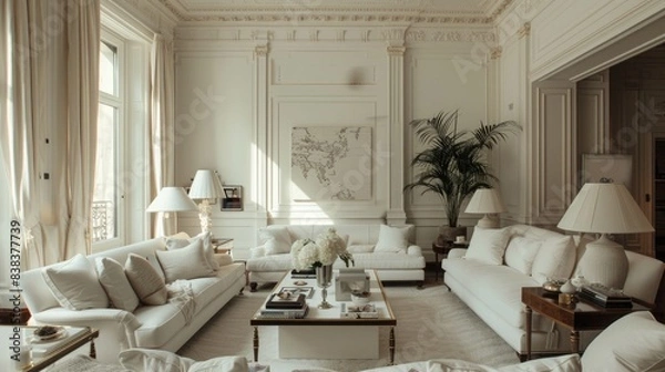 Fototapeta A pristine living room with white walls and elegant furnishings, exuding cleanliness and sophistication.