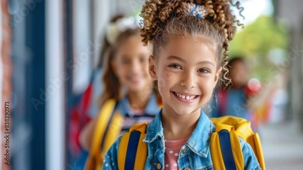 Obraz School children students with backpacks walking in the schoolyard of a colorful building, back to school ads, back to school shopping, school supplies