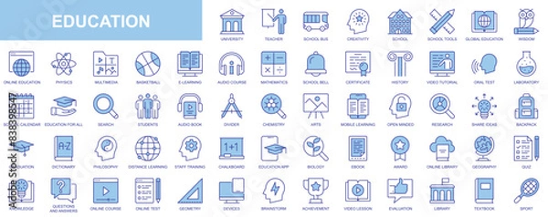 Fototapeta Education web icons set in duotone outline stroke design. Pack pictograms with university, teacher, school, creativity, wisdom, online course, e-learning, video tutorial, library. Vector illustration.