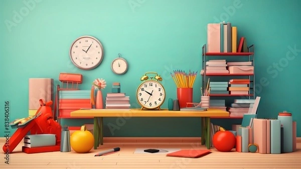 Fototapeta Colorful school supplies arranged on desk with back to school background - 3d render.

