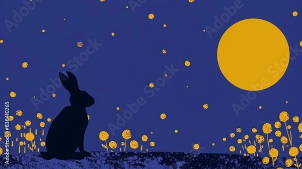 Fototapeta A Silhouetted Rabbit Gazes at a Large Yellow Moon in a Night Sky Filled with Scattered Yellow Circles Representing Stars or Fireflies