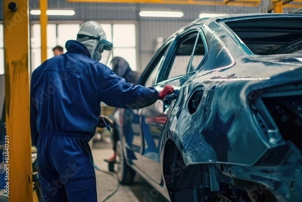 Fototapeta two men working on a car in a garage, two men working on a car in a factory, Craftsmen in a body shop skillfully repairing and repainting damaged vehicles