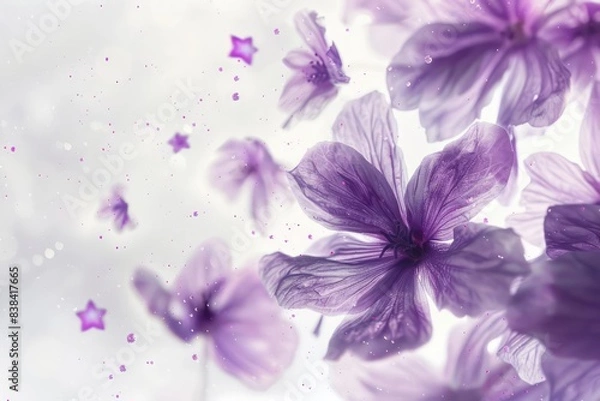 Obraz Surreal lavender flowers with petals transforming into tiny galaxies, set against an ethereal white background
