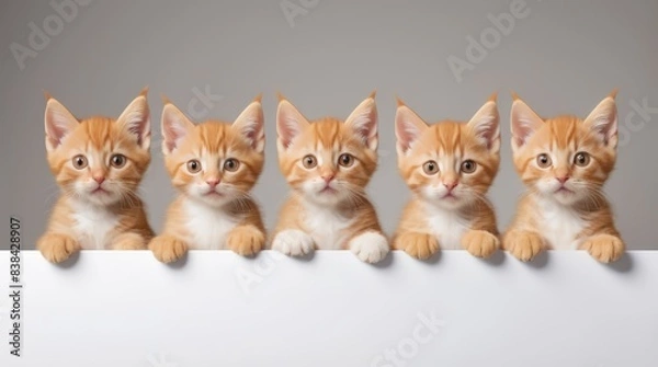 Obraz An adorable orange kitten with big eyes peeking curiously over a blank surface. Kitten head with paws up peeking over blank white sign placard. Pet kitten curiously peeking behind white background. 