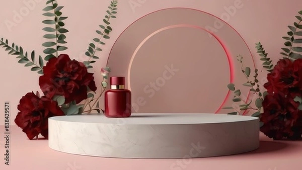 Fototapeta 3D background, Pink circle podium. Round display, rose flower branch shadow. Cosmetic or beauty product promotion step pedestal. Abstract minimal 3D render copy space template. Abstract background