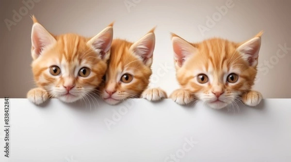Obraz An adorable orange kitten with big eyes peeking curiously over a blank surface. Kitten head with paws up peeking over blank white sign placard. Pet kitten curiously peeking behind white background. 
