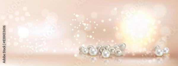 Obraz Elegant Makeup Display Podium with Pearls and Gold for a Luxurious Look Background for product presentation with design mockup, banner with empty copy space for text. Product mockup, 