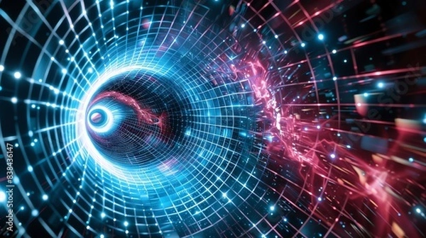 Fototapeta Colorful abstract vortex with neon lights and grid pattern illustrating futuristic and sci-fi concepts, a stunning digital art creation.