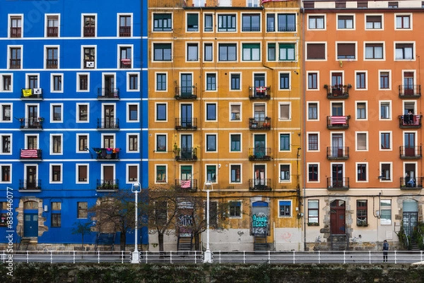 Obraz Colorful buildings of Bilbao Spain.  Located  along the Nervion river on a street called Martzana Kaia.